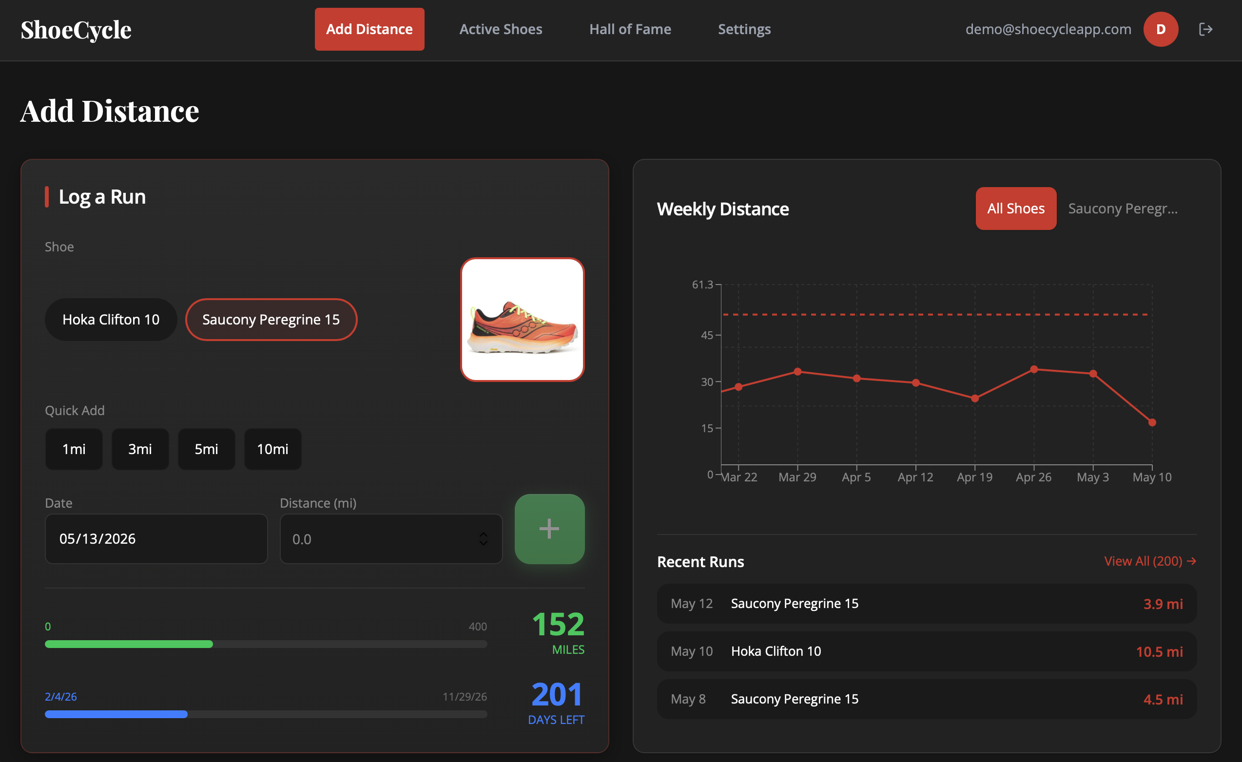 ShoeCycle web app: logging a run, with a weekly distance chart and recent run history